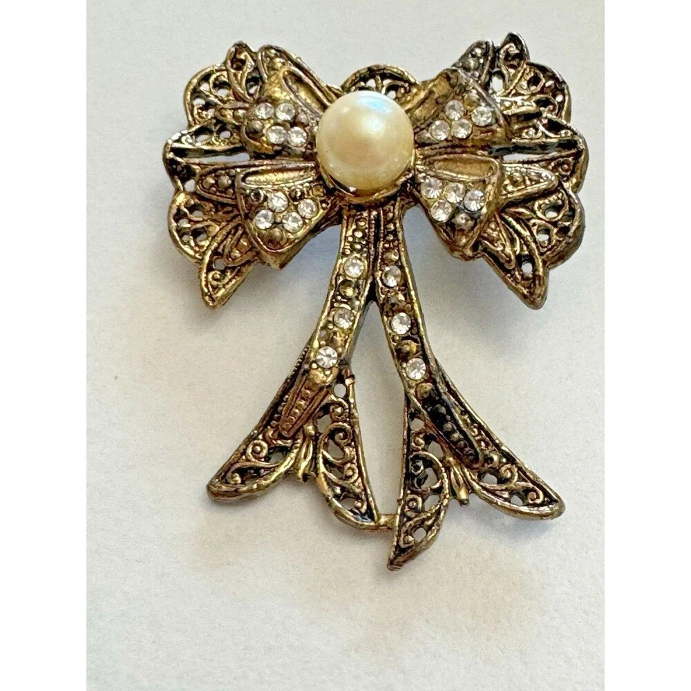 Vintage Gold Tone Bow Brooch Faux Pearl & Rhinestones 1.5 Inch